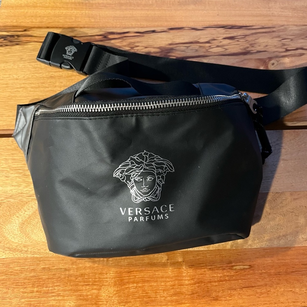 Versace Parfums Belt Bag Travel Mens Unisex Fanny Pack Black Silver Medusa
